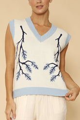 Women Branch Intarsia V Neckline Sleeveless Knit Sweater Vest Zarnesh